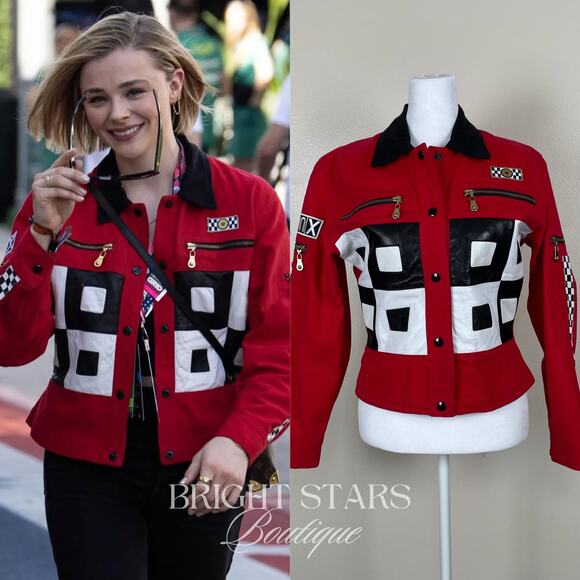 Rare Red Vintage Jacket ASO Chloe Grace Moretz Black White Formula 1 Grand Prix - Picture 1 of 7